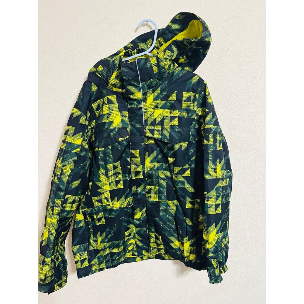 Columbia Adult Small Interchange Hooded Jacket Green Yellow Camo Outdoor Coat
